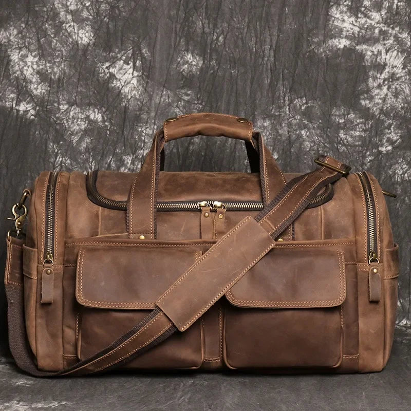 Vintage Leather Duffle Bag  Premium Brown Weekend Travel Bag - Detailed view