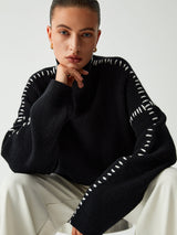 Designer Turtleneck Sweater  Oversized Knit With Contrast Stitching - Product detail 4