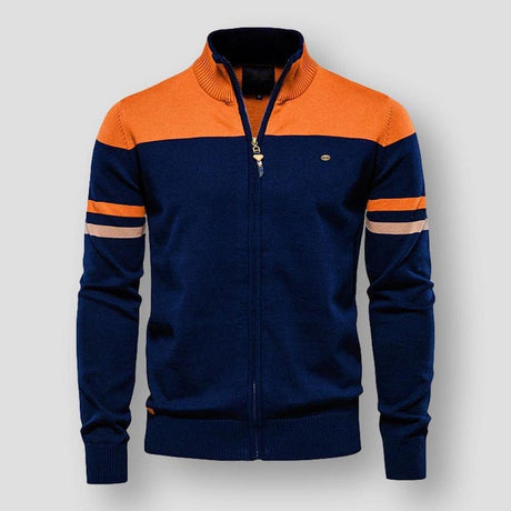 Retro Sports Zip-Up Sweater  Cotton Blend Color Block Design - Detailed view
