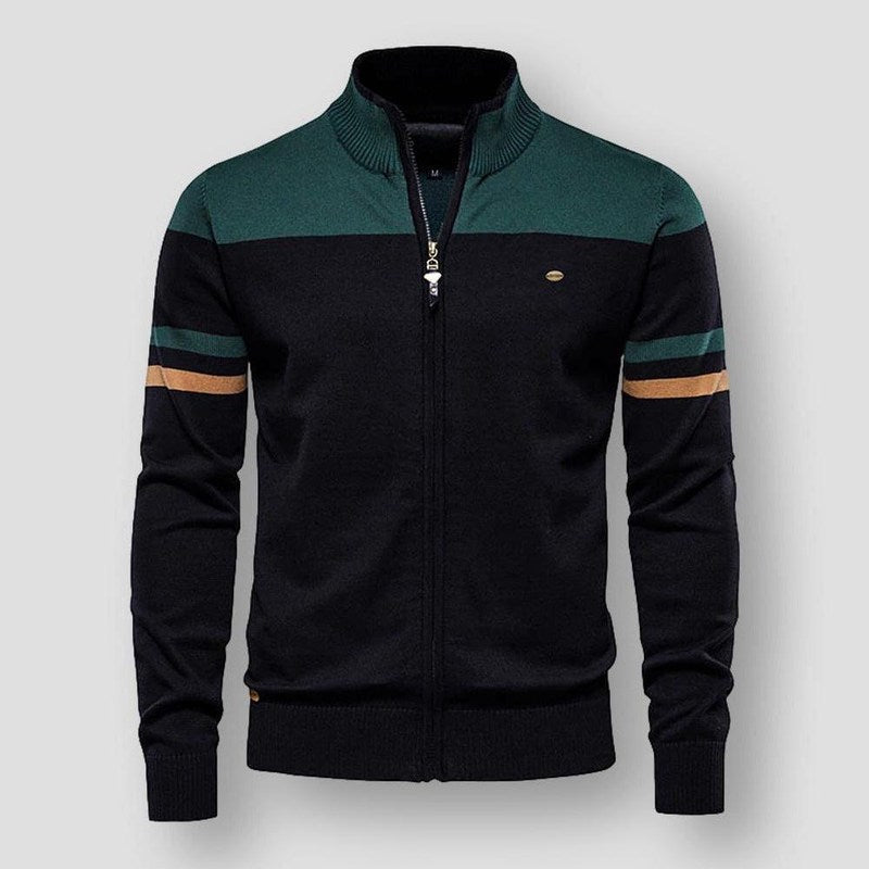 Retro Sports Zip-Up Sweater  Cotton Blend Color Block Design - Product detail 4