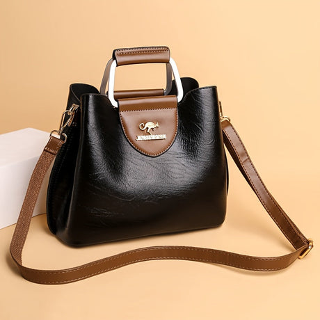 Designer Leather Handbag  Two-Tone Black Brown Classic - Detailed view