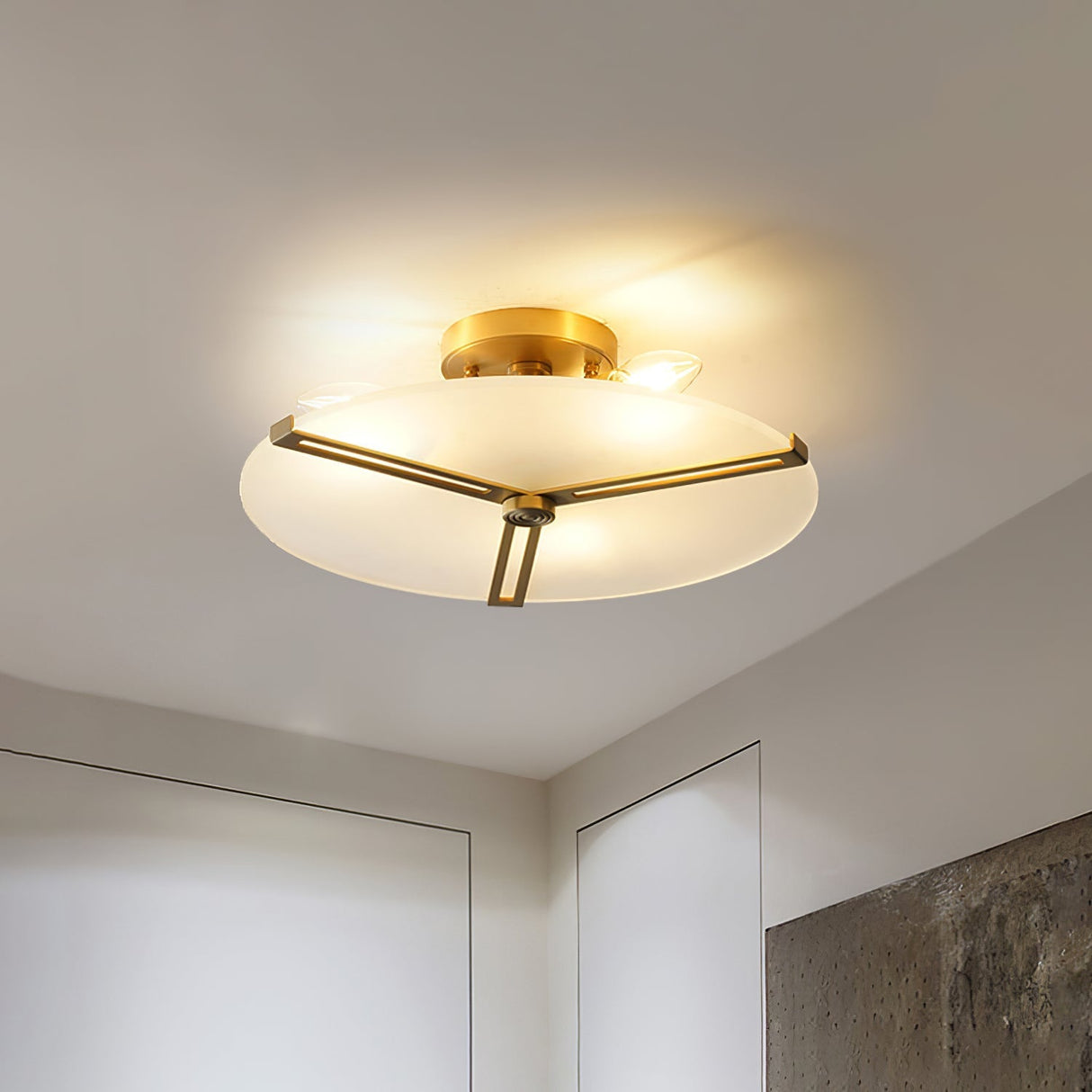 Modern Ceiling Light  Glass Disc with Brass Frame - Detailed view