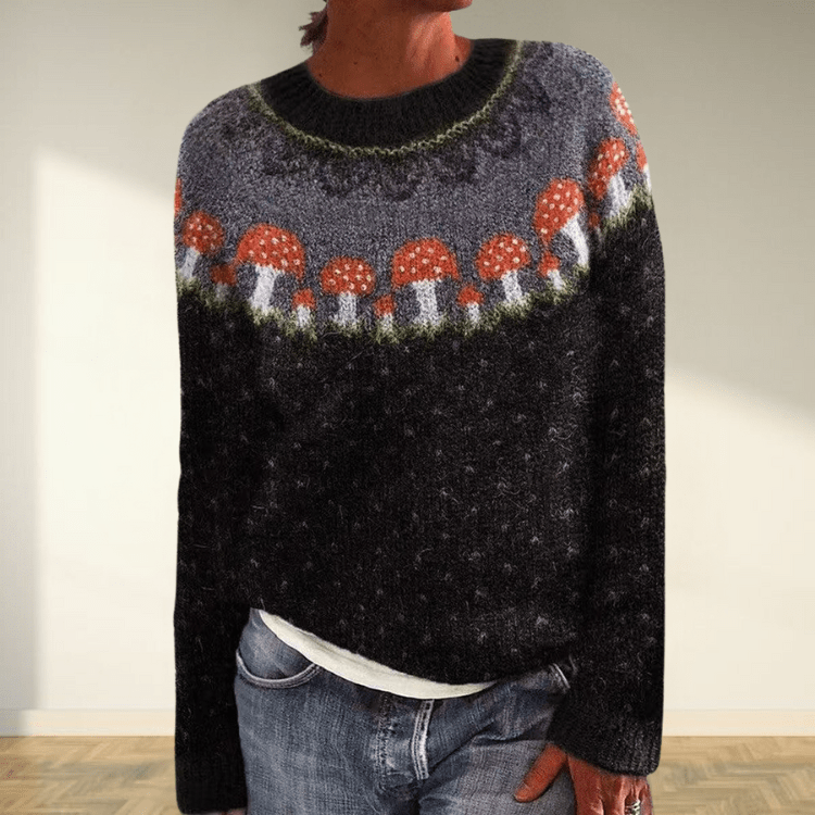 Nordic Mushroom Sweater  Wool Blend Fair Isle Pattern - Detailed view