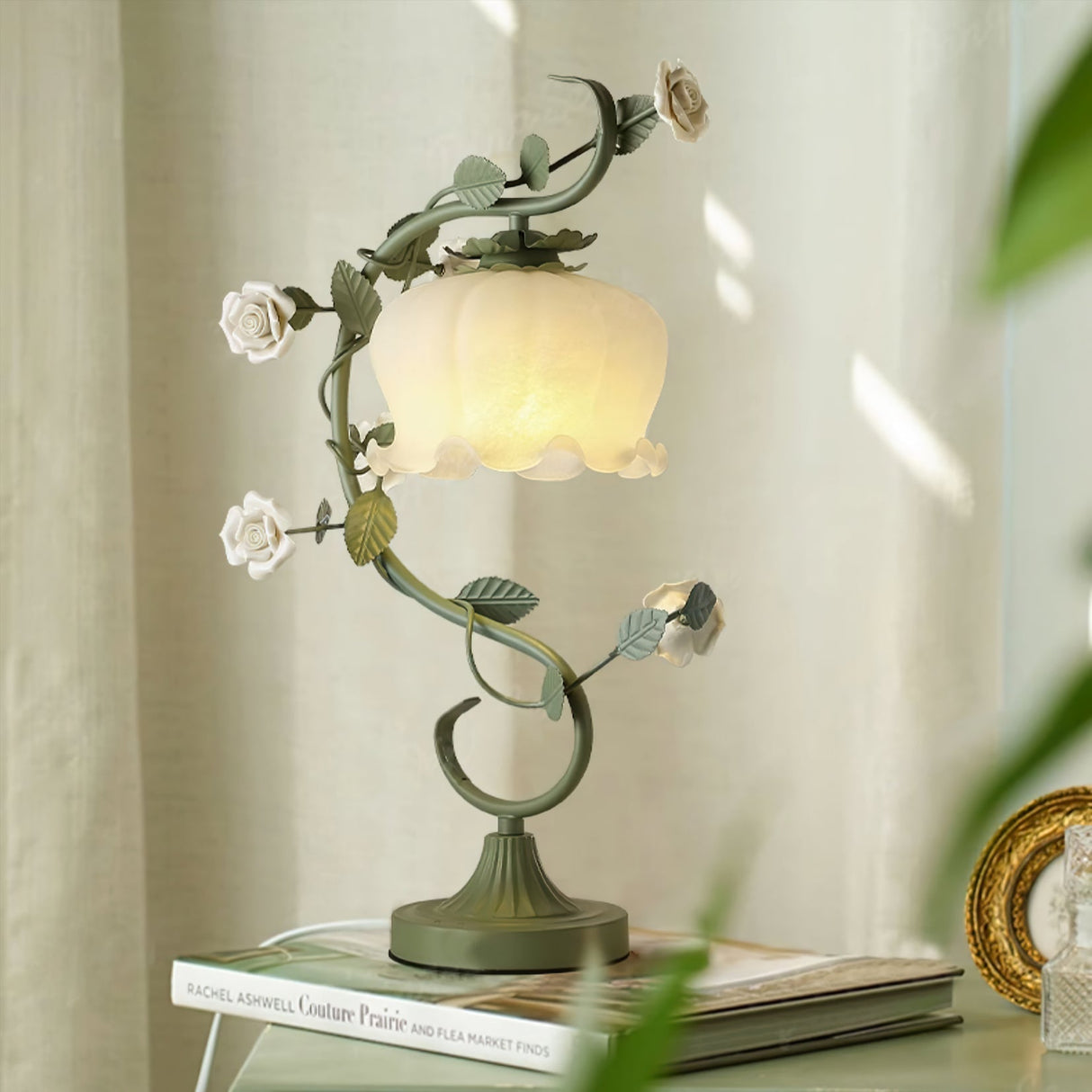 Floral Table Lamp  Curved Green Metal Design With Glass Shade - Product example
