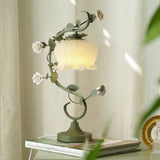Floral Table Lamp  Curved Green Metal Design With Glass Shade - Product example