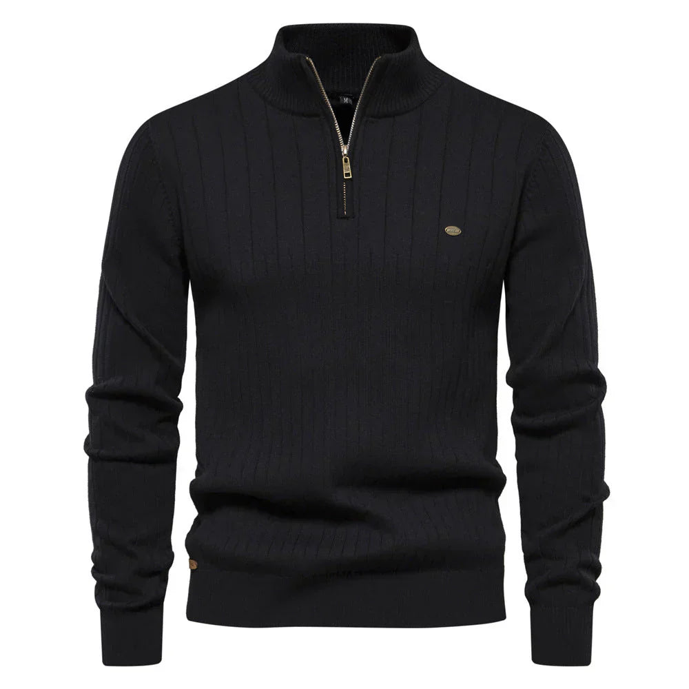 Mens Quarter Zip Sweater  Ribbed Knit Classic Design - Product showcase