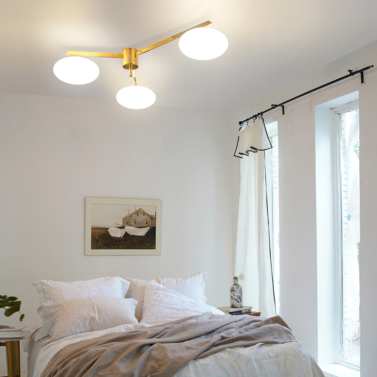 Modern Ceiling Light  Brass Arms White Glass Shades - Detailed view