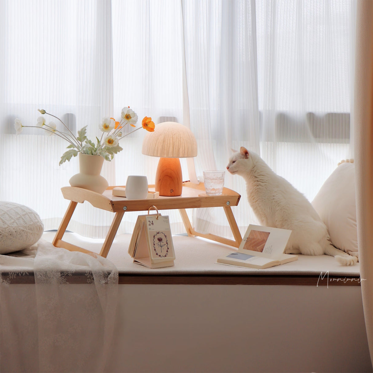 Minimalist Table Lamp  Paper Shade Wood Base Design - Detailed view