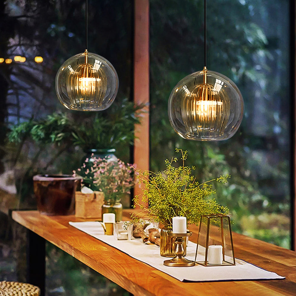 Modern Glass Pendant Light  Amber Ribbed Globe Design - Product detail 6