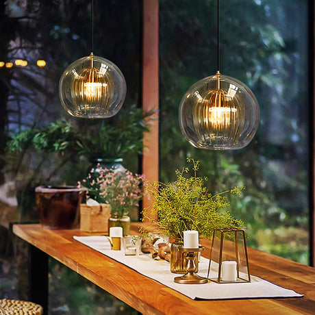 Modern Glass Pendant Light  Amber Ribbed Globe Design - Product detail 6
