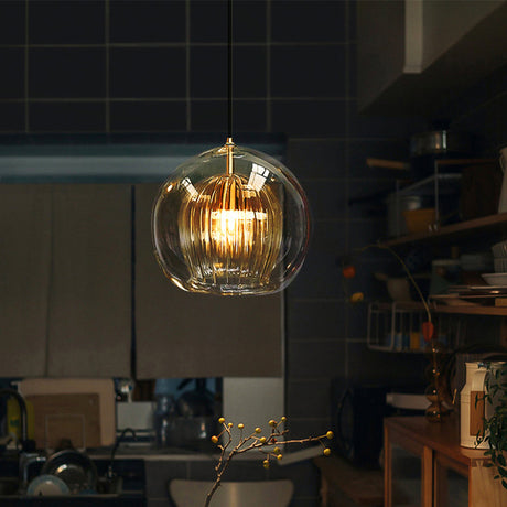 Modern Glass Pendant Light  Amber Ribbed Globe Design - Product detail 9