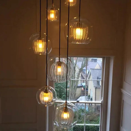 Modern Glass Pendant Light  Amber Ribbed Globe Design - Product detail 8