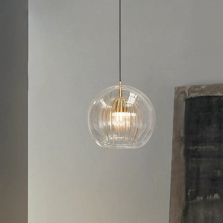 Modern Glass Pendant Light  Amber Ribbed Globe Design - Detailed view
