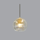 Modern Glass Pendant Light  Amber Ribbed Globe Design - Product example