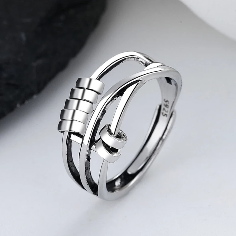 Sterling Silver Fidget Ring  Dual Band Spinner Design - Detailed view