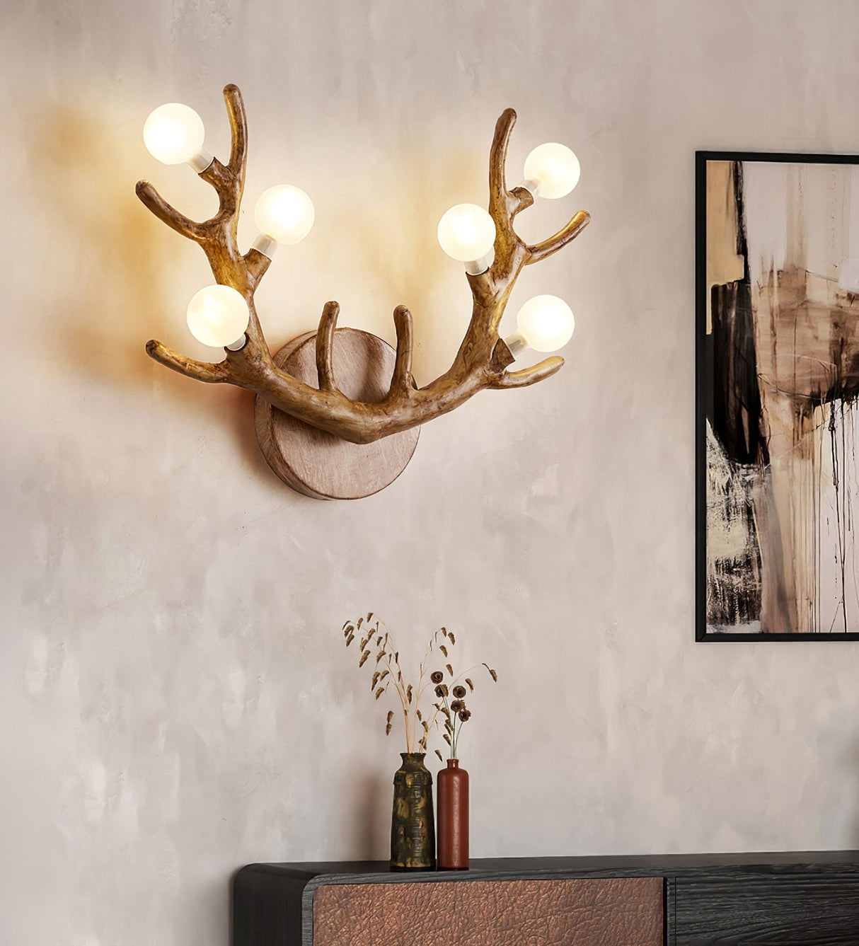 Natural Antler Wall Lamp  Rustic Wood Branch Design - Detailed view