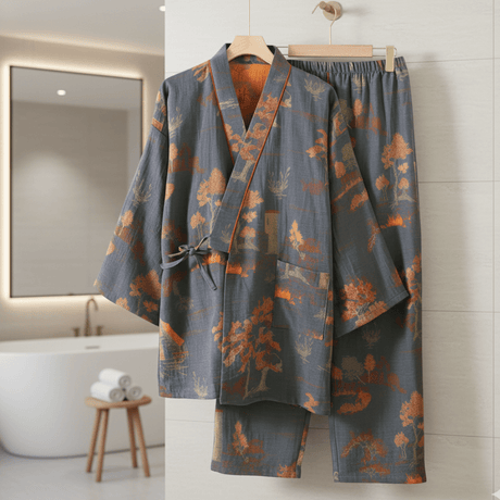 Cotton Kimono Pajama Set  Watercolor Floral Pattern - Product showcase