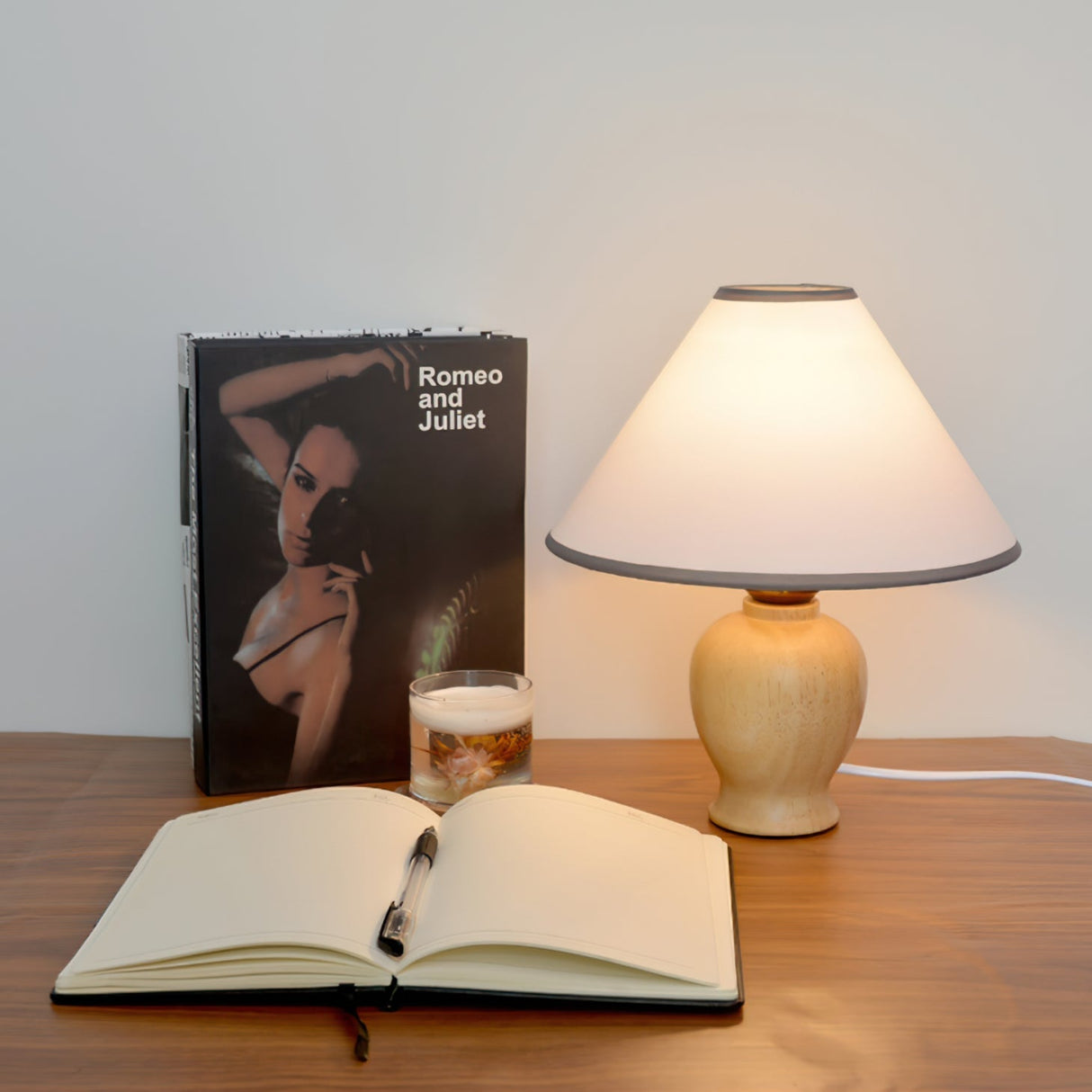 Classic Table Lamp  Natural Wood Base White Shade - Detailed view