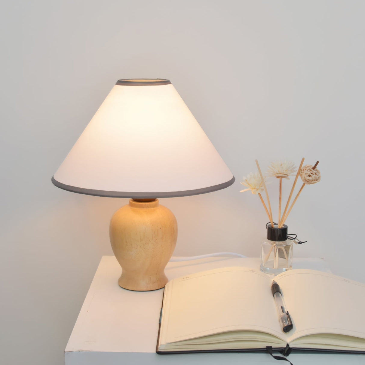 Classic Table Lamp  Natural Wood Base White Shade - Product example