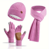 Ribbed Winter Accessories Set  Soft Knit Hat Scarf Gloves with Leather Details - Product detail 11