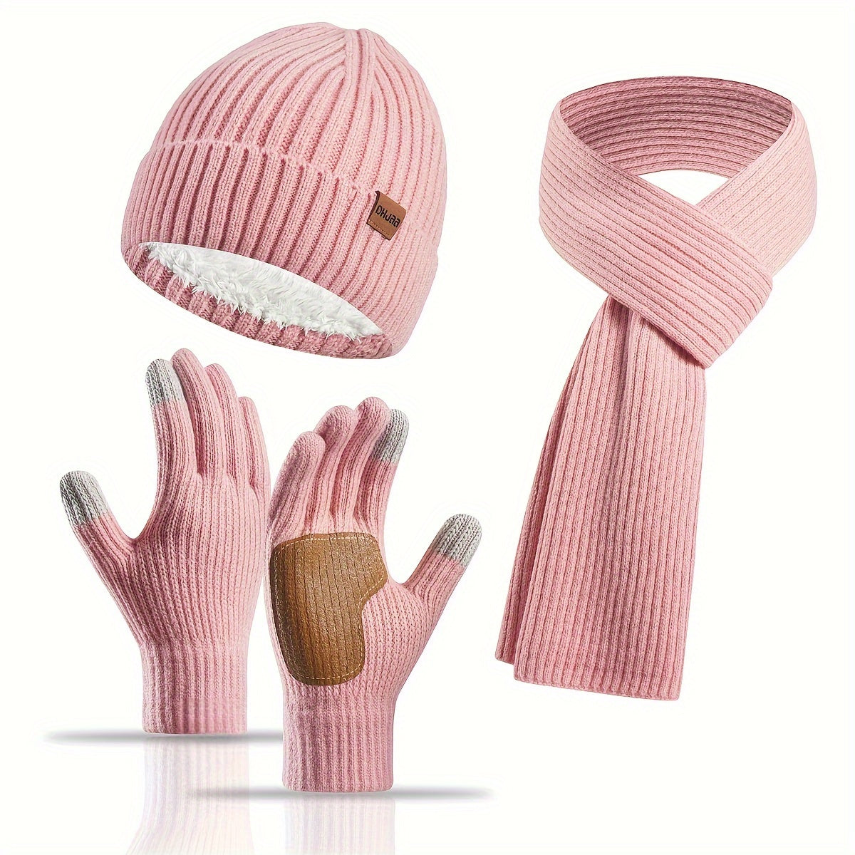 Ribbed Winter Accessories Set  Soft Knit Hat Scarf Gloves with Leather Details - Product detail 13