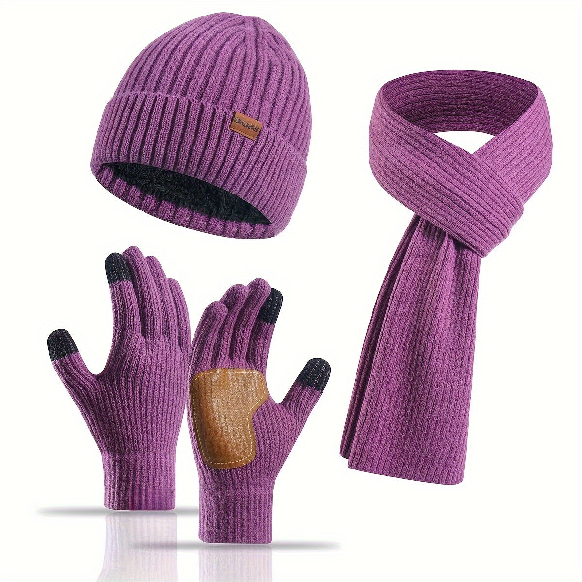 Ribbed Winter Accessories Set  Soft Knit Hat Scarf Gloves with Leather Details - Product detail 14