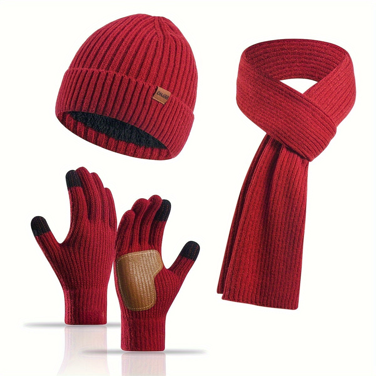 Ribbed Winter Accessories Set  Soft Knit Hat Scarf Gloves with Leather Details - Product detail 15