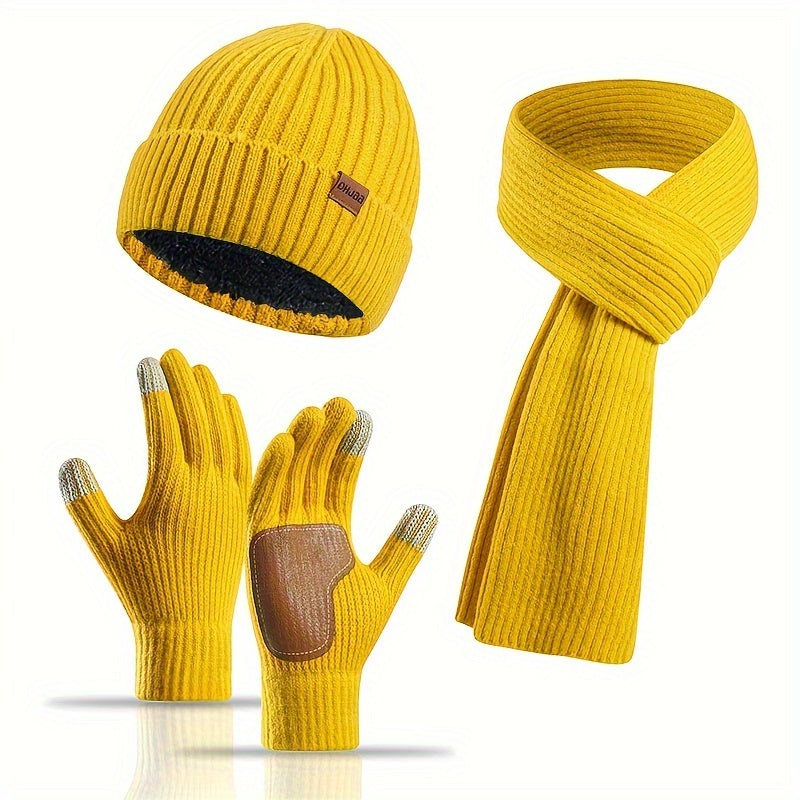 Ribbed Winter Accessories Set  Soft Knit Hat Scarf Gloves with Leather Details - Product detail 4