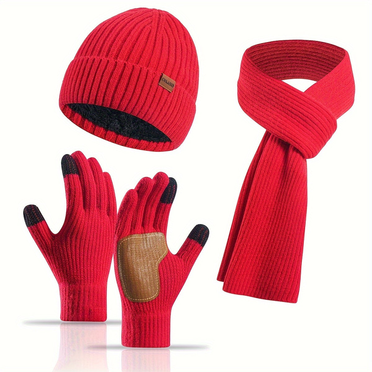 Ribbed Winter Accessories Set  Soft Knit Hat Scarf Gloves with Leather Details - Product detail 6