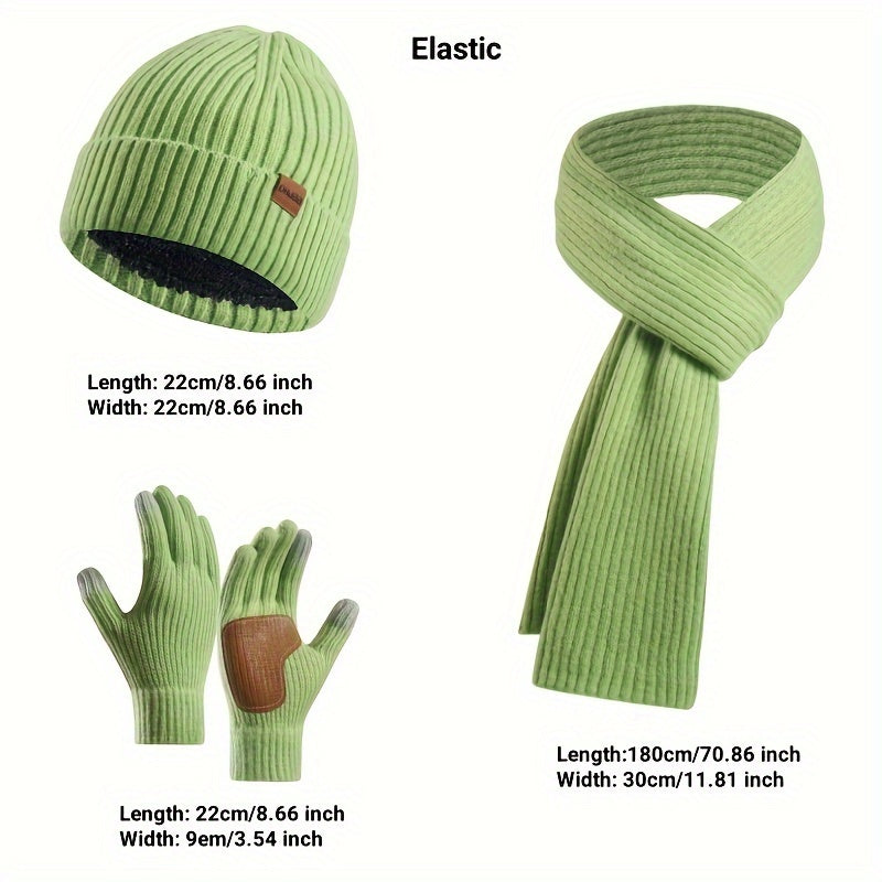 Ribbed Winter Accessories Set  Soft Knit Hat Scarf Gloves with Leather Details - Product detail 7