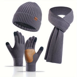 Ribbed Winter Accessories Set  Soft Knit Hat Scarf Gloves with Leather Details - Product detail 10