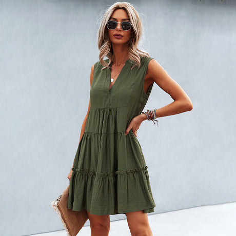 Summer Mini Dress  Tiered Cotton Blend V-Neck Design - Product detail 8