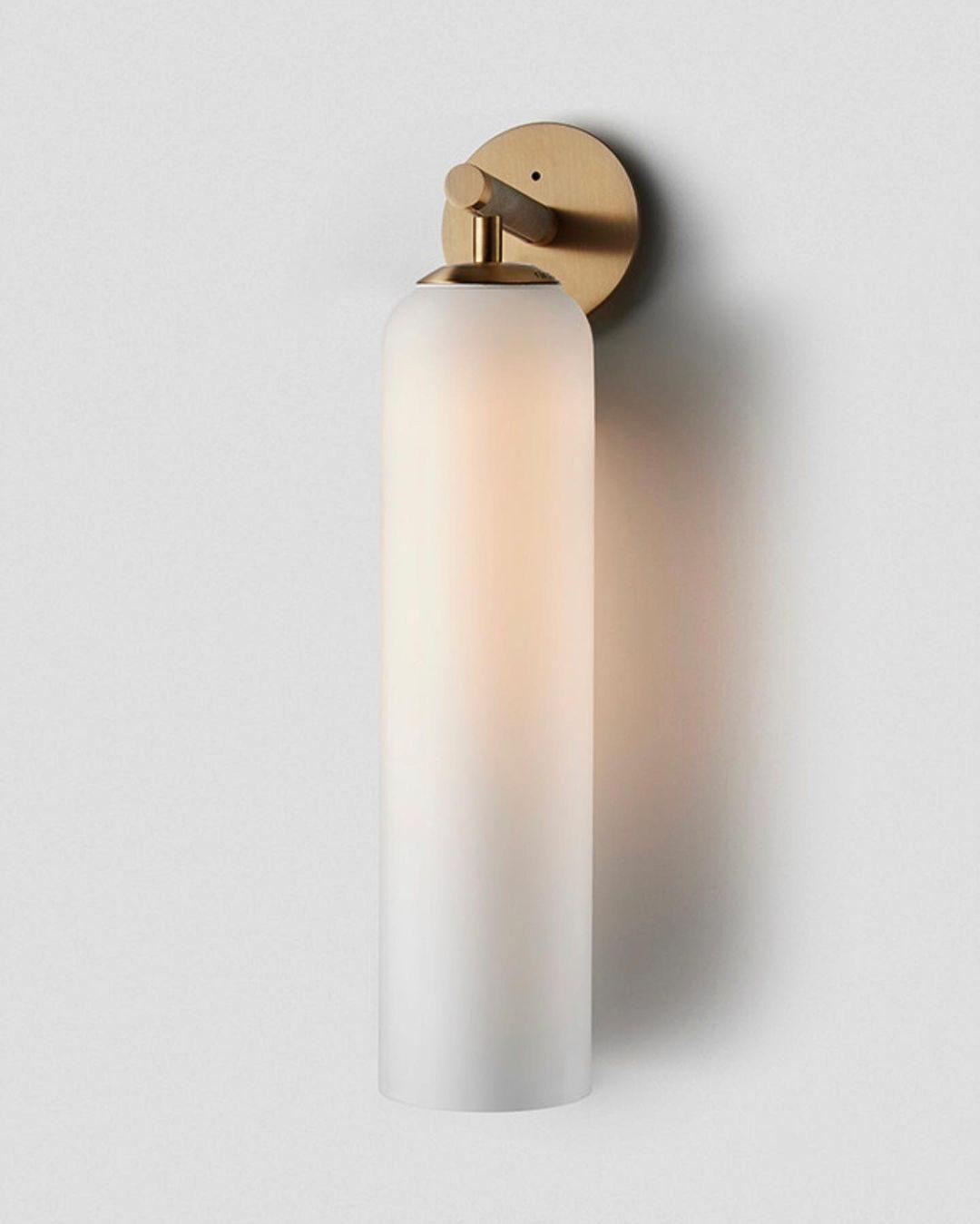 Modern Glass Wall Lamp  Cylindrical Frosted Shade with Brass Mount - Product showcase