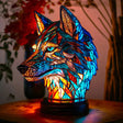 Stained Glass Table Lamp  Wolf Design with Mosaic Pattern - Product showcase