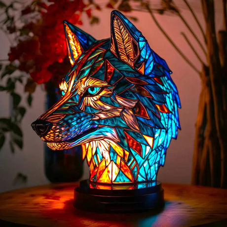 Stained Glass Table Lamp  Wolf Design with Mosaic Pattern - Product showcase