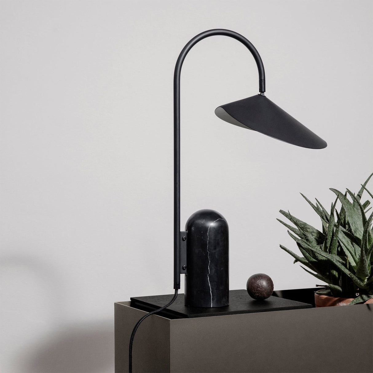 Modern Table Lamp  Black Marble Base with Curved Shade - Detailed view