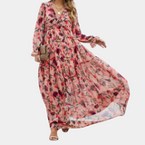 Floral Maxi Dress  V-Neck Long Sleeve Summer Design - Detailed view