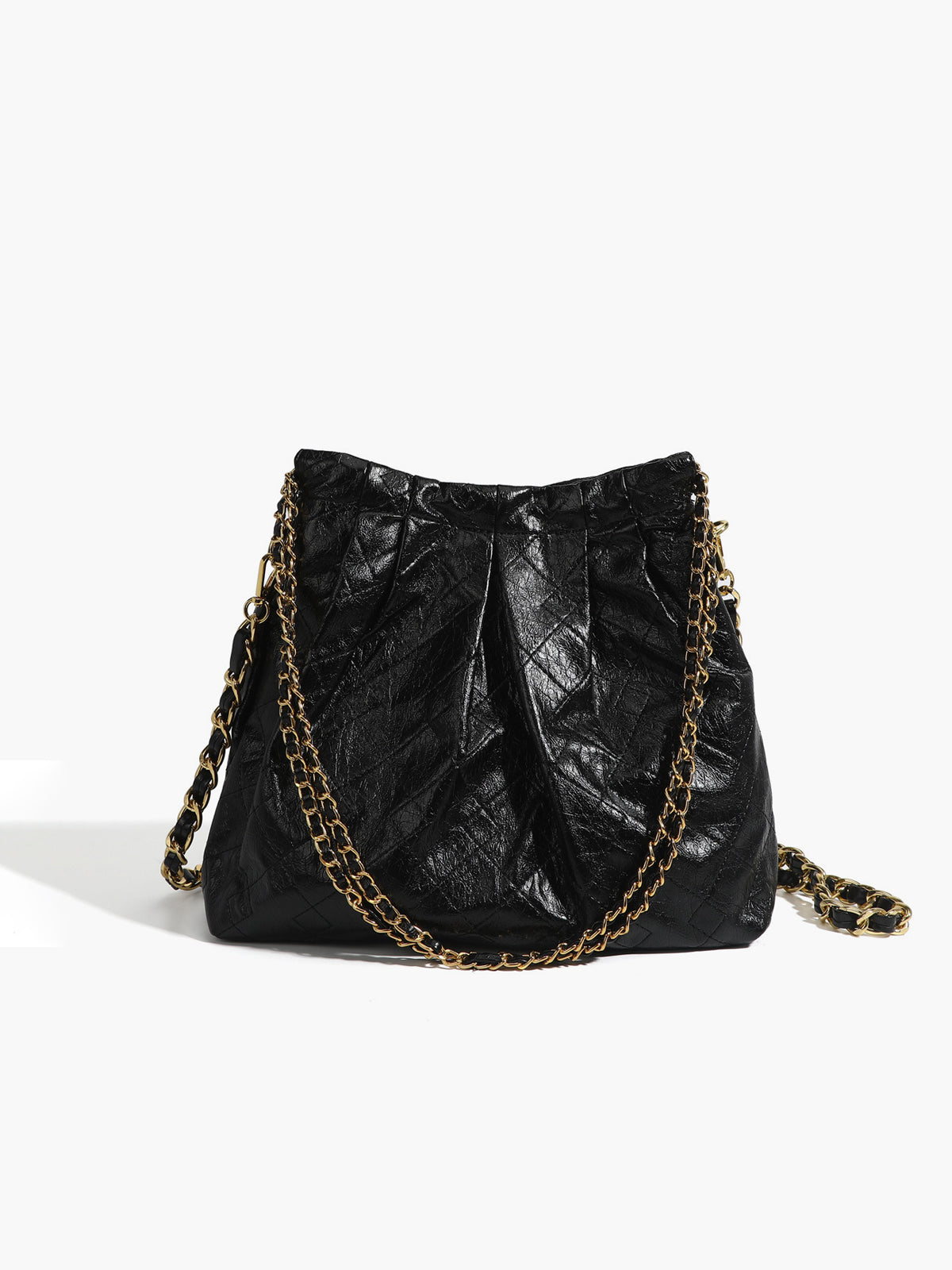 Vintage Chain Shoulder Bag  Textured Black Leather With Gold Hardware - Detailed view