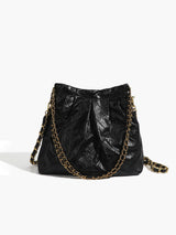 Vintage Chain Shoulder Bag  Textured Black Leather With Gold Hardware - Detailed view