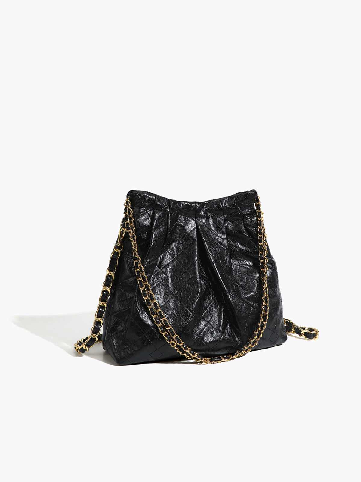 Vintage Chain Shoulder Bag  Textured Black Leather With Gold Hardware - Product showcase