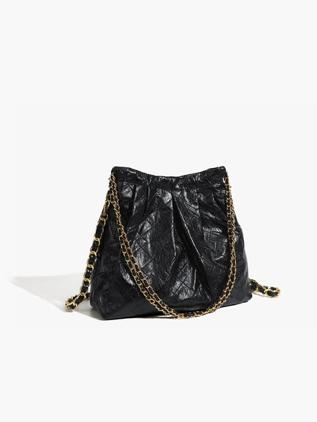 Vintage Chain Shoulder Bag  Textured Black Leather With Gold Hardware - Product showcase
