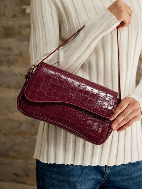 Croc Pattern Shoulder Bag  Wine Red Vegan Leather Design - Product detail 6