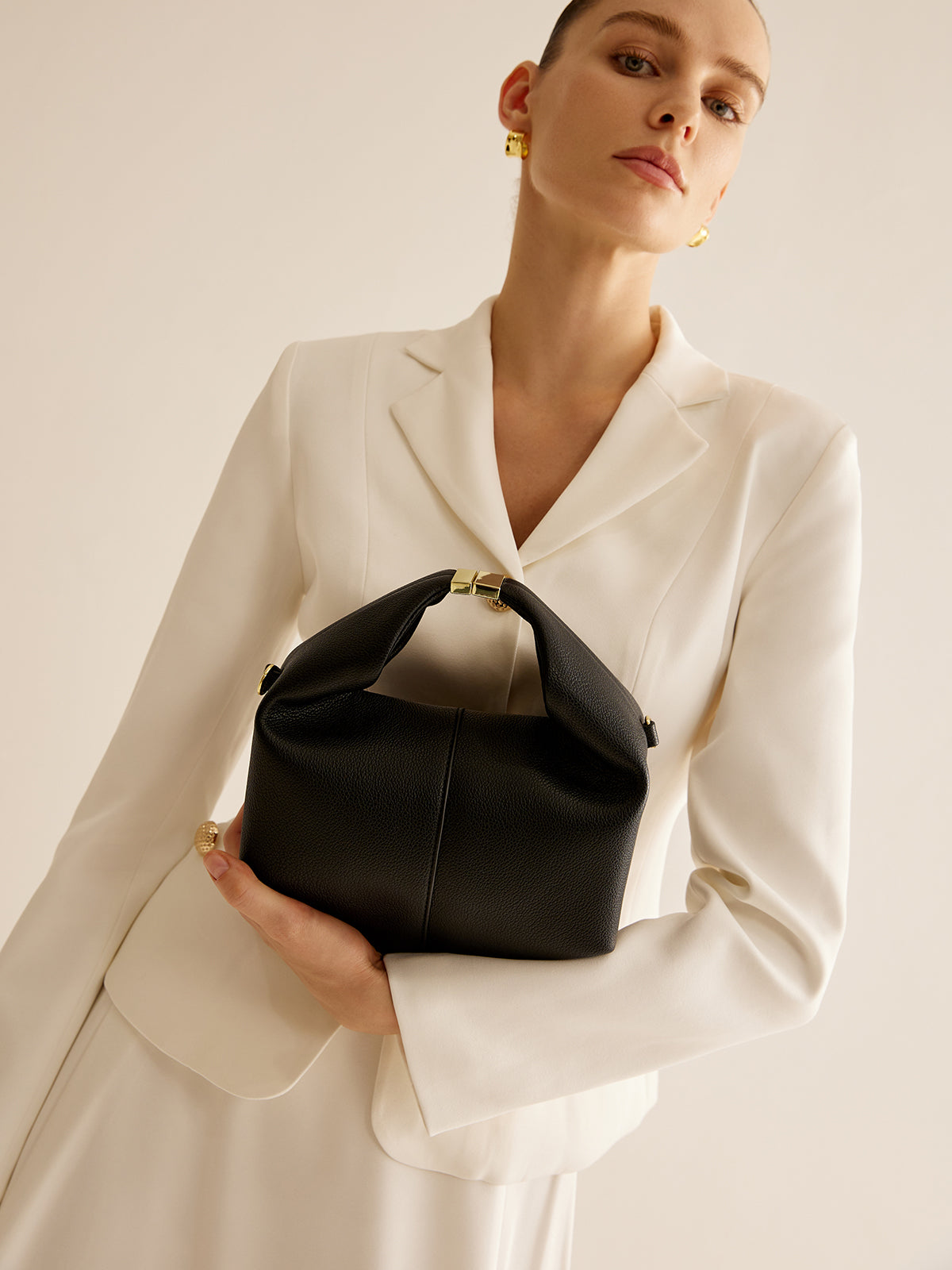 Minimalist Hobo Handbag  Black Leather-Look With Gold Hardware - Product example