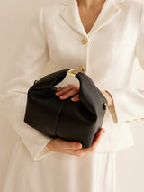 Minimalist Hobo Handbag  Black Leather-Look With Gold Hardware - Product detail 4