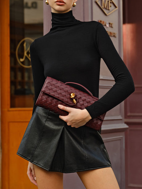 Woven Leather Clutch  Burgundy Interlaced Pattern - Product showcase
