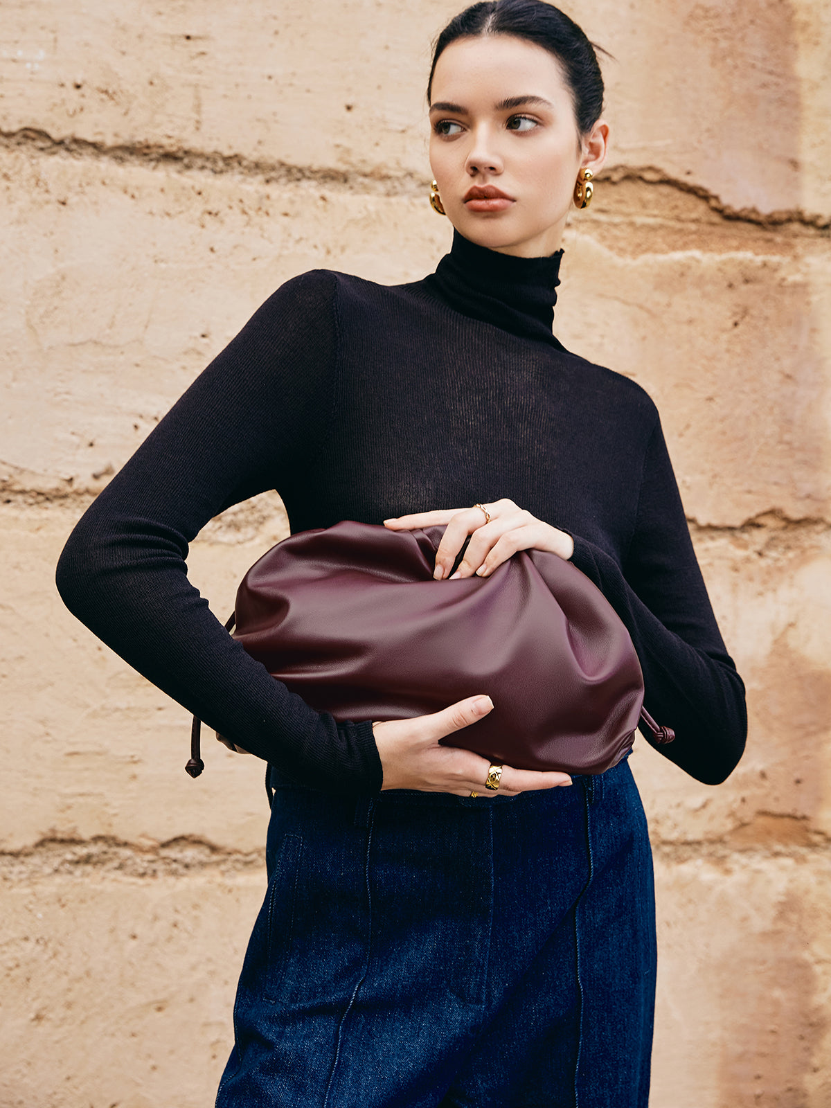 Ruched Leather Clutch Bag  Soft Gathered Design - Product example