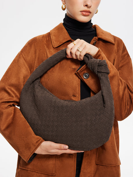 Woven Hobo Bag  Textured Suede Crescent Design - Product showcase
