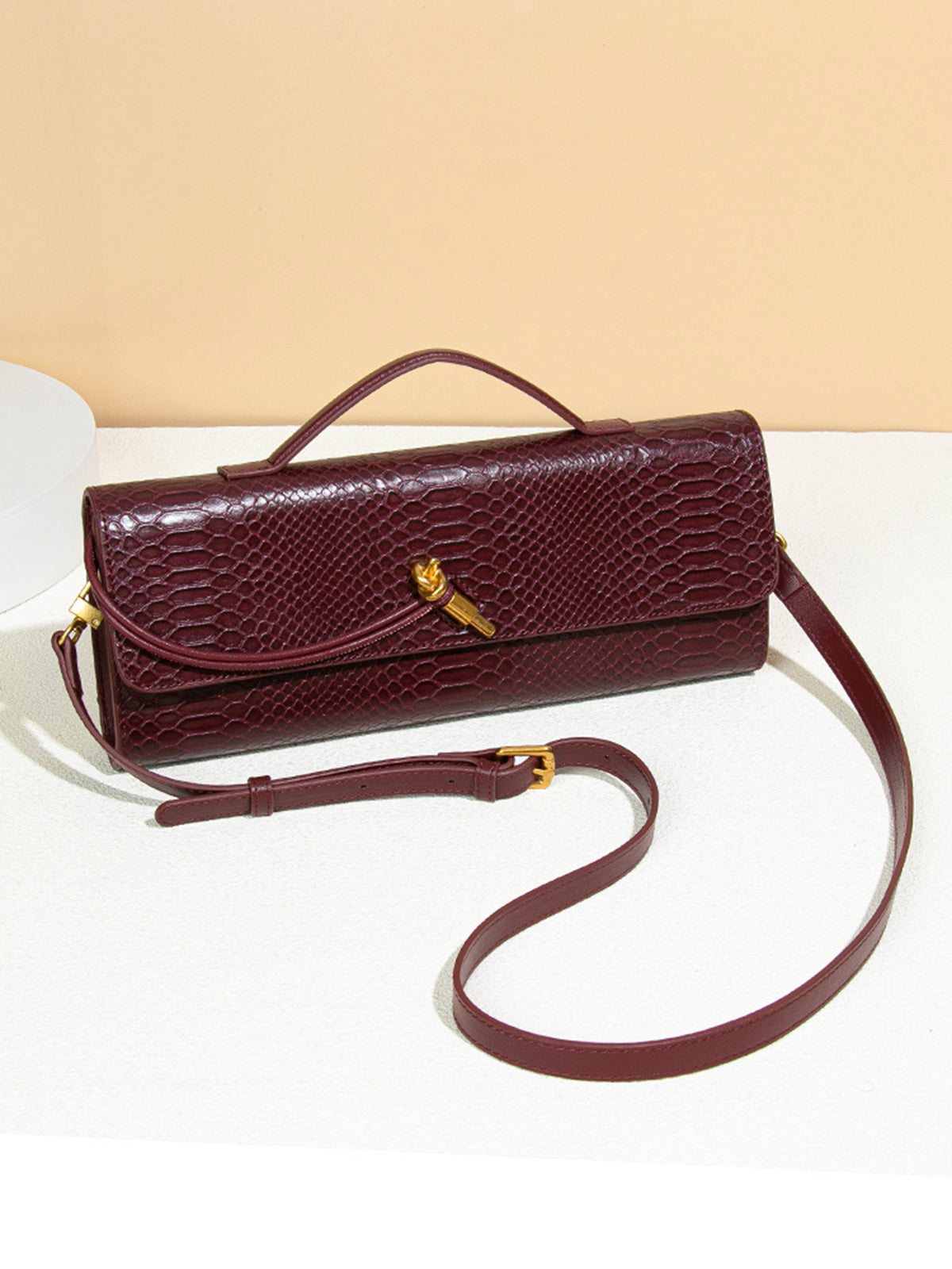 Croc Embossed Clutch Bag  Burgundy Top Handle Design - Product example