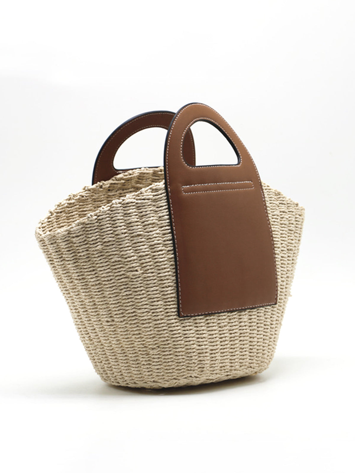 Natural Straw Tote Bag  Brown Leather Handle Design - Detailed view