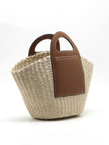 Woven Straw Beach Bag  Natural Fiber with Leather Handle - Detailed view